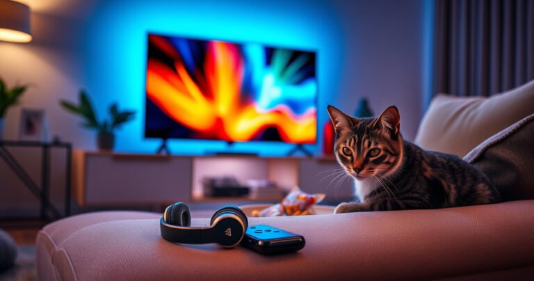 A cozy living room scene featuring a sleek modern TV displaying vibrant colors, with a pair of stylish earphones resting nearby on a plush sofa. Soft ambient lighting creates a warm atmosphere, while a curious cat watches intently. A coffee table holds snacks and a remote, inviting viewers to settle in for a comfortable viewing experience.