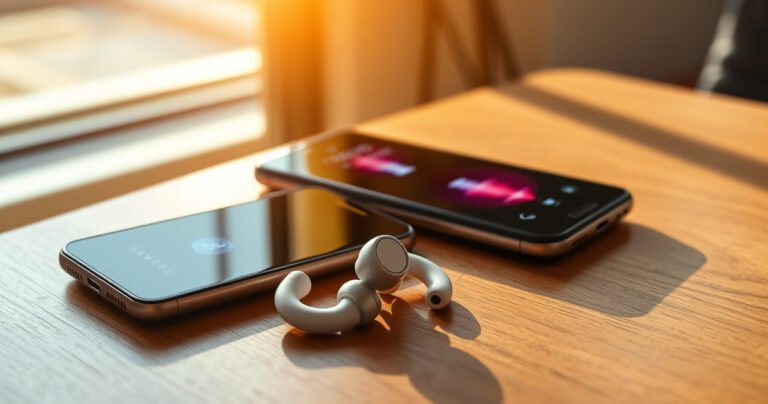 A sleek pair of Samsung earbuds resting on a stylish wooden table, surrounded by a modern iPhone displaying a Bluetooth connection screen. Warm sunlight filters through the window, casting soft shadows, while colorful sound waves visually emanate from the earbuds, creating a dynamic atmosphere of connectivity and technology in harmony.