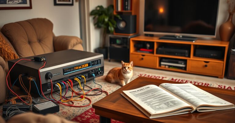 A cozy living room with a retro VCR connected to a sleek modern TV, colorful cables intertwining, surrounded by nostalgic VHS tapes. Soft warm lighting casts a welcoming glow, as a curious cat watches the scene, and a coffee table holds an open manual with diagrams, embodying the blend of old technology and contemporary style.