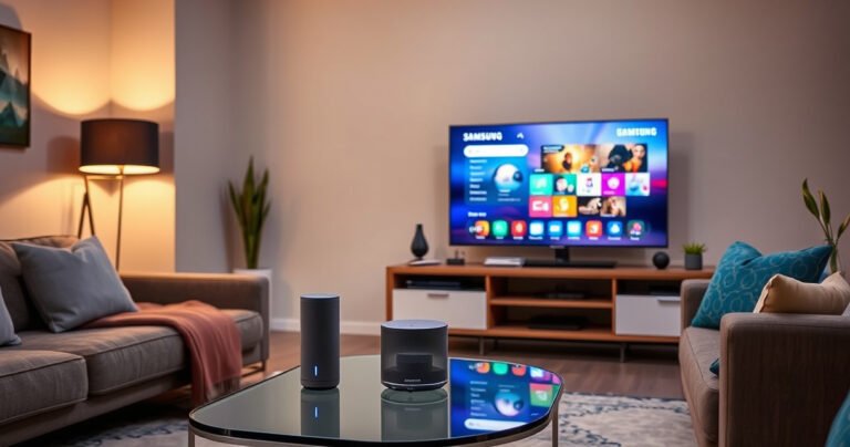 A cozy living room featuring a sleek Samsung TV displaying a vibrant interface, a smart speaker on a stylish coffee table, and a person confidently speaking to the speaker. Warm lighting creates an inviting atmosphere, while tech gadgets and colorful decor enhance the modern vibe, illustrating the seamless integration of technology in everyday life.