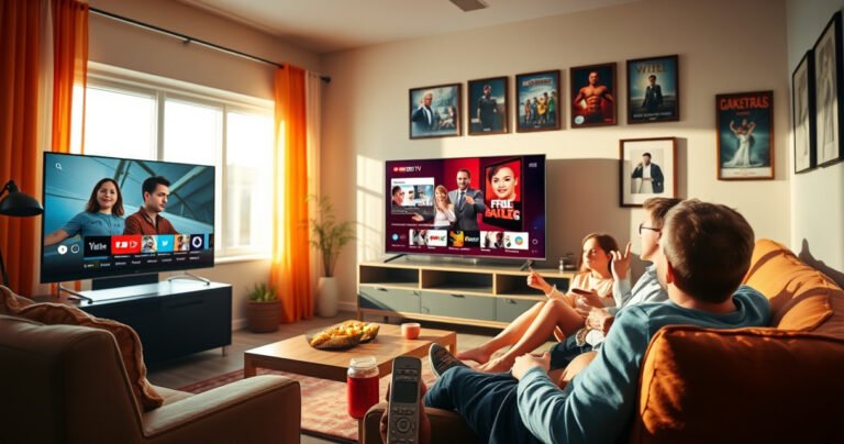 A colorful living room with a sleek TV displaying the YouTube TV interface, surrounded by cozy furniture, snacks on a coffee table, and a family excitedly watching a show together. Bright sunlight streams through the windows, highlighting a stylish remote control and a wall adorned with framed movie posters, capturing the essence of modern entertainment.