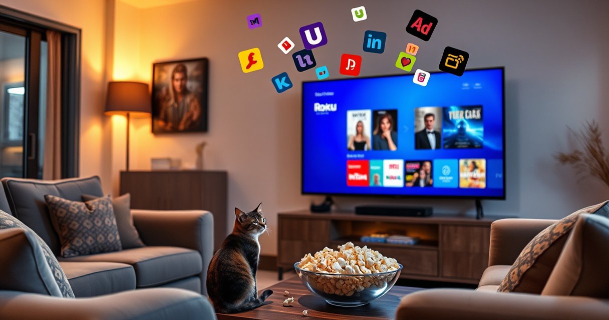 A cozy living room featuring a sleek smart TV displaying the Roku interface, surrounded by plush couches and warm lighting. A curious cat sits nearby, peering at the screen, while a bowl of popcorn rests on a coffee table. Colorful streaming content icons float above, inviting viewers into the world of entertainment.