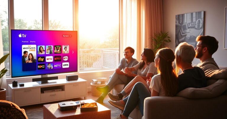 A cozy living room scene featuring a sleek, modern TV displaying the Apple TV interface, vibrant colors illuminating the space. A diverse group of friends, relaxed on a plush sofa with snacks, engaged in a lively discussion about streaming options. Sunlight filters through large windows, casting a warm glow on the stylish decor and tech gadgets.