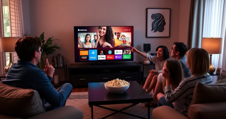 A cozy living room with a sleek Samsung TV displaying the Apple TV interface, surrounded by a plush couch, warm ambient lighting, and a decorative coffee table. A family gathers, excitedly pointing at the screen, with a bowl of popcorn on the table, creating an inviting atmosphere of entertainment and connection.
