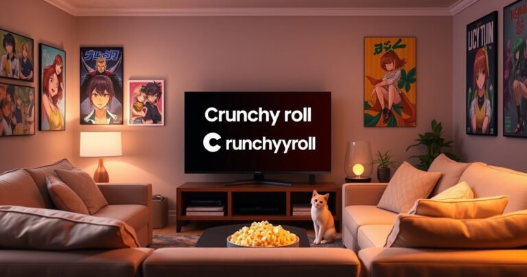 A cozy living room featuring a sleek Samsung Smart TV displaying the Crunchyroll logo, surrounded by plush sofas and vibrant anime posters on the walls. Soft lighting casts a warm glow, while a bowl of popcorn and a playful cat add a touch of homey charm, inviting viewers to enjoy their favorite anime series.