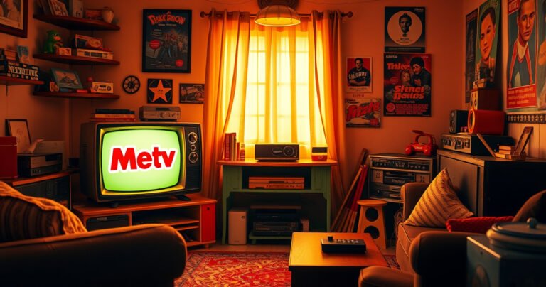 A vibrant living room scene with a cozy couch, an old-fashioned television displaying the MeTV logo, and a modern TV streaming device. The room is illuminated by a warm glow, surrounded by nostalgic memorabilia like vintage toys and retro posters, creating a blend of classic and contemporary entertainment vibes, inviting viewers to explore the content.