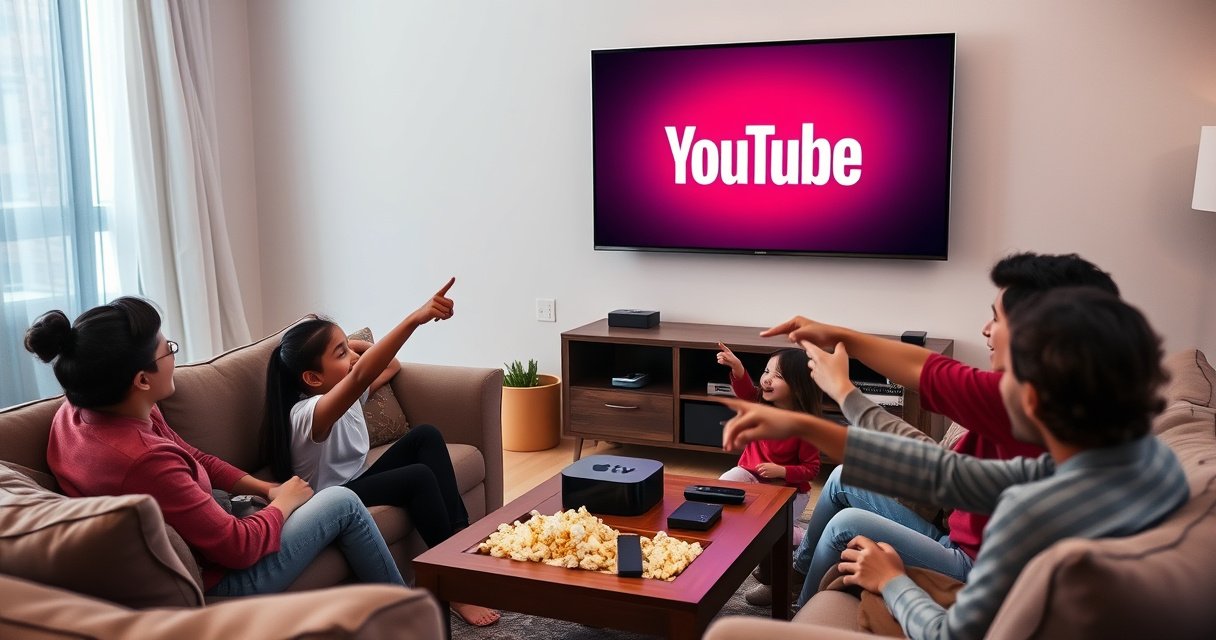A cozy living room with a sleek Apple TV glowing on a wall-mounted screen, displaying the vibrant YouTube logo. Plush sofas surround a coffee table cluttered with popcorn and remotes, while soft lighting creates an inviting atmosphere. A family of four, excitedly gathered, points at the screen, illustrating a moment of joyful connection through technology.