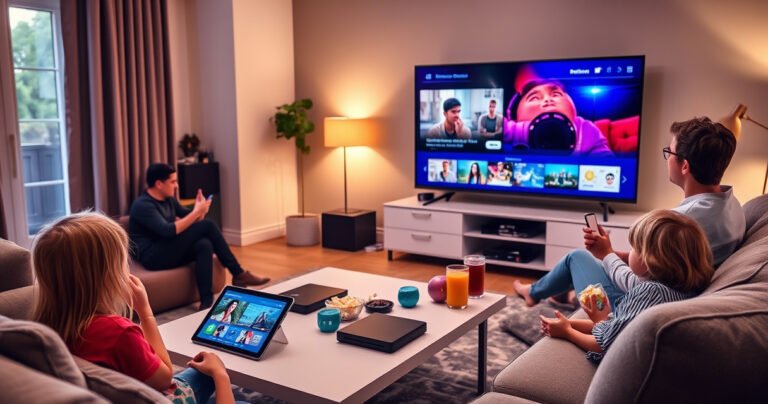 A cozy living room scene featuring a tablet wirelessly connecting to a large flat-screen TV, displaying vibrant streaming content. Soft lighting, a sleek coffee table with tech gadgets, and a comfortable couch create an inviting atmosphere. Include a family enjoying the setup, with popcorn and drinks, highlighting the ease of modern technology integration.