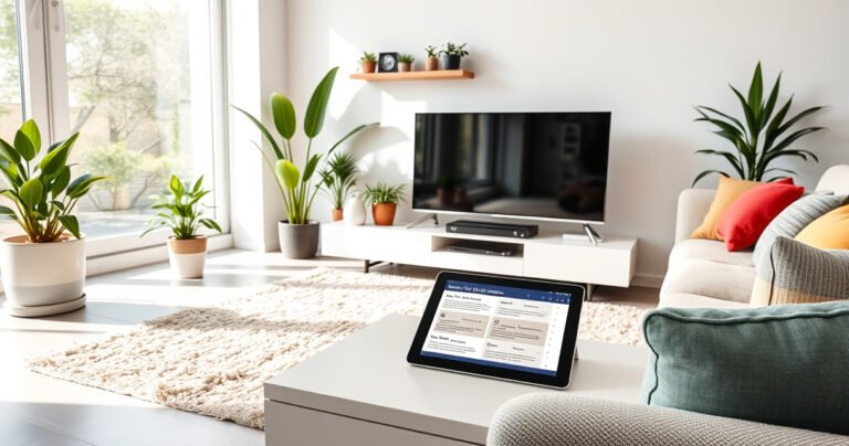 A sleek, modern living room with a stylish flat screen TV resting comfortably on a plush rug, surrounded by vibrant indoor plants and soft lighting. A cozy couch with colorful cushions invites relaxation, while a coffee table displays safety tips neatly arranged on a tablet, creating an inviting atmosphere for tech-savvy readers.