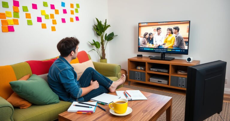 A cozy living room scene with a colorful couch and a vibrant TV playing a lively Spanish telenovela. A person sits engrossed, surrounded by notebooks and pens, colorful sticky notes on the wall, and a steaming cup of coffee on the table, creating an inviting atmosphere for language learning through entertainment.
