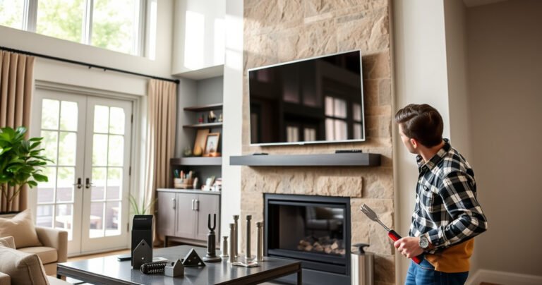 A stylish living room with a sleek, mounted flat-screen TV above a modern fireplace, surrounded by elegant decor. Display various innovative mounting solutions like wall anchors and brackets on a side table. Natural light streams through large windows, illuminating a cozy atmosphere, while a DIY enthusiast examines the wall with tools in hand, showcasing creativity and practicality.