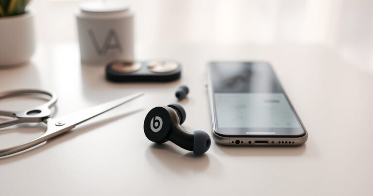 A close-up of a single, sleek Beats earbud resting on a clean, minimalist desk, surrounded by a pair of scissors, a small tool kit, and a smartphone displaying a step-by-step guide. Soft natural light filters in, highlighting the modern design and vibrant color of the earbud against a blurred, calming background.
