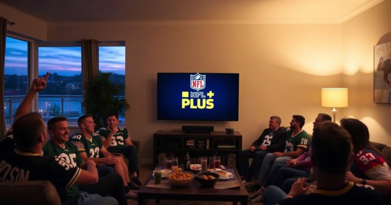 A cozy living room with a large flat-screen TV displaying the NFL Plus logo, surrounded by enthusiastic fans wearing team jerseys. Snacks and drinks are spread across a coffee table, with dimmed lights creating an inviting atmosphere. A window shows a twilight sky, hinting at a thrilling game night ahead.
