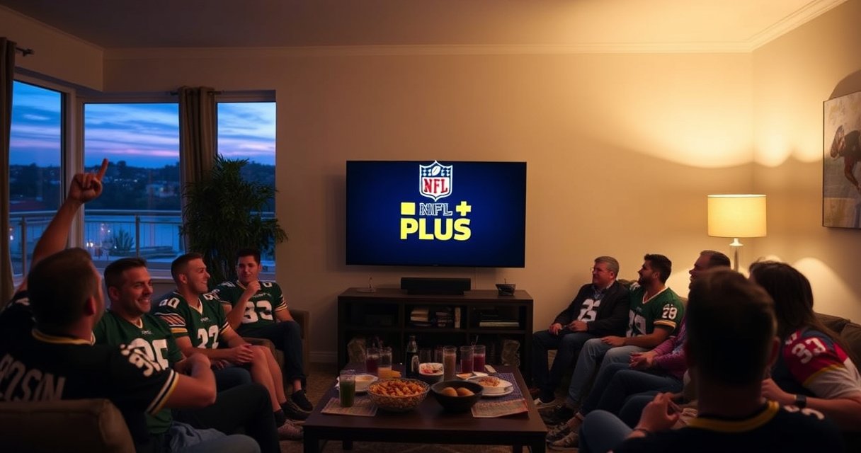 A cozy living room with a large flat-screen TV displaying the NFL Plus logo, surrounded by enthusiastic fans wearing team jerseys. Snacks and drinks are spread across a coffee table, with dimmed lights creating an inviting atmosphere. A window shows a twilight sky, hinting at a thrilling game night ahead.