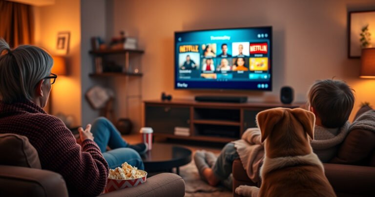 A cozy living room scene featuring a sleek Fire TV device on a modern entertainment center, illuminated by the glow of the screen displaying vibrant streaming options. Surrounding it, a family enjoys movie night, with popcorn and blankets, while a curious dog watches intently. Warm lighting creates a welcoming atmosphere, highlighting the blend of technology and family bonding.