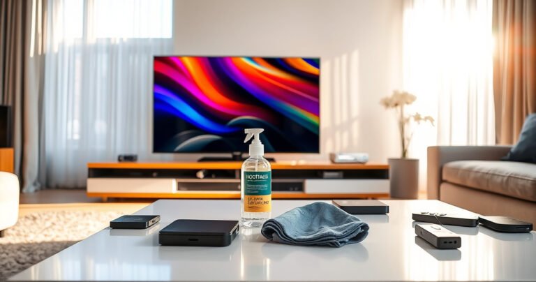 A sleek modern living room with a large flat-screen TV reflecting vibrant colors from a nearby window. A bottle of lens cleaner and a microfiber cloth rest on a stylish coffee table, surrounded by scattered tech gadgets. Soft sunlight filters through sheer curtains, creating a warm and inviting atmosphere that highlights the beauty of home entertainment.