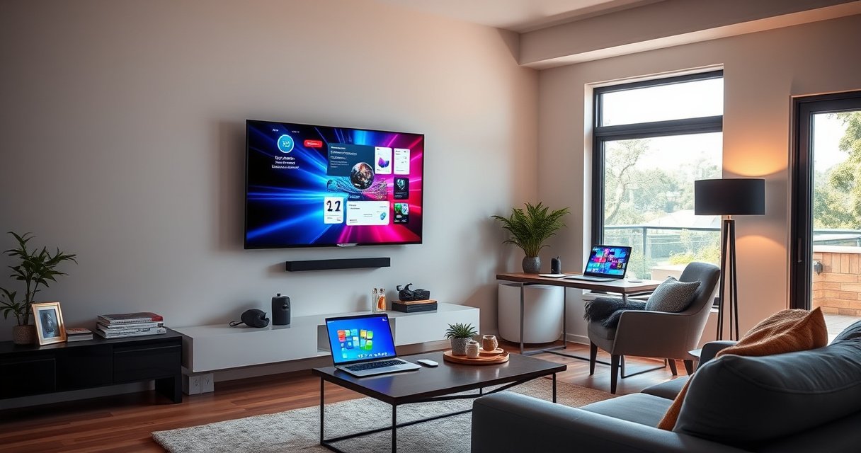 A sleek modern living room featuring a large flat-screen TV mounted on the wall, displaying a vibrant digital workspace. A stylish desk with a laptop, colorful accessories, and a cozy armchair nearby. Soft lighting enhances the ambiance, while a window reveals a sunny day outside, suggesting a seamless blend of relaxation and productivity.