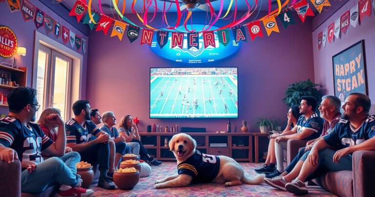 A vibrant living room scene with a large TV displaying an intense NFL game, surrounded by excited fans wearing team jerseys, snack bowls overflowing with game-day treats, and colorful streamers hanging from the ceiling. Bright banners of various football teams add to the festive atmosphere, while a dog in a jersey playfully lounges on the floor.