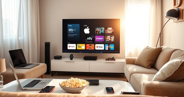 A cozy living room scene with a sleek TV displaying the Apple TV interface, surrounded by an assortment of devices like a laptop, tablet, and smartphone. Sunlight filters through sheer curtains, casting warm glows on a plush sofa, while a bowl of popcorn sits on a coffee table, inviting viewers to explore streaming content.
