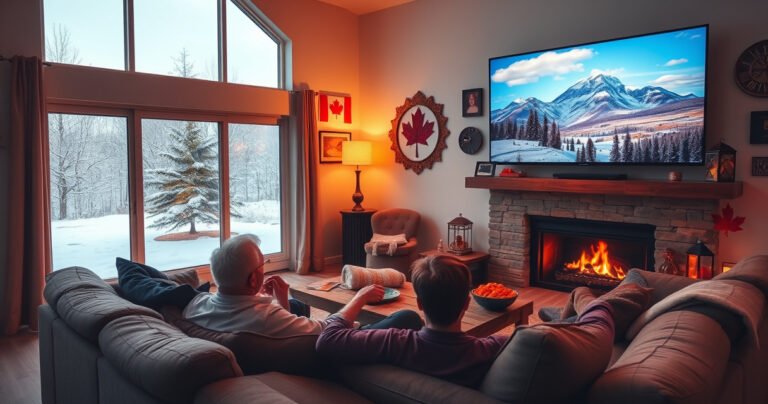 A cozy living room decorated with Canadian memorabilia, featuring a large TV displaying a vibrant Canadian landscape. A couple sits on a couch, eagerly watching shows, surrounded by snacks and a warm glow from a fireplace. Outside the window, a snowy scene with a maple tree, hinting at the connection to Canadian culture.