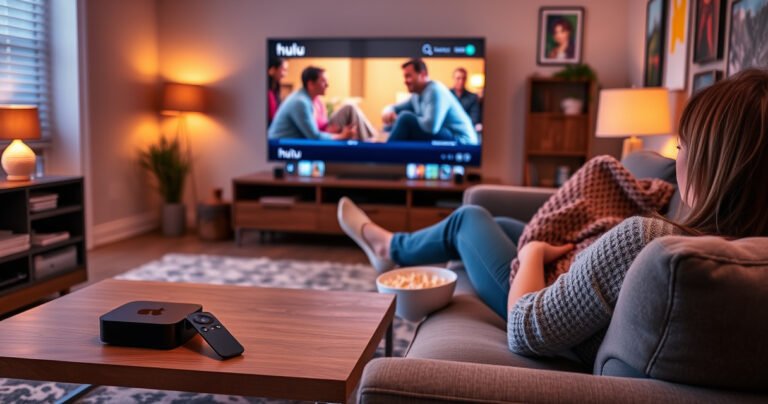 A cozy living room scene featuring a stylish Apple TV setup with a sleek remote on a coffee table, a person lounging on a plush sofa, engrossed in a vibrant Hulu show on a large screen, popcorn bowl beside them, warm lighting creating an inviting atmosphere, and colorful artwork on the walls.