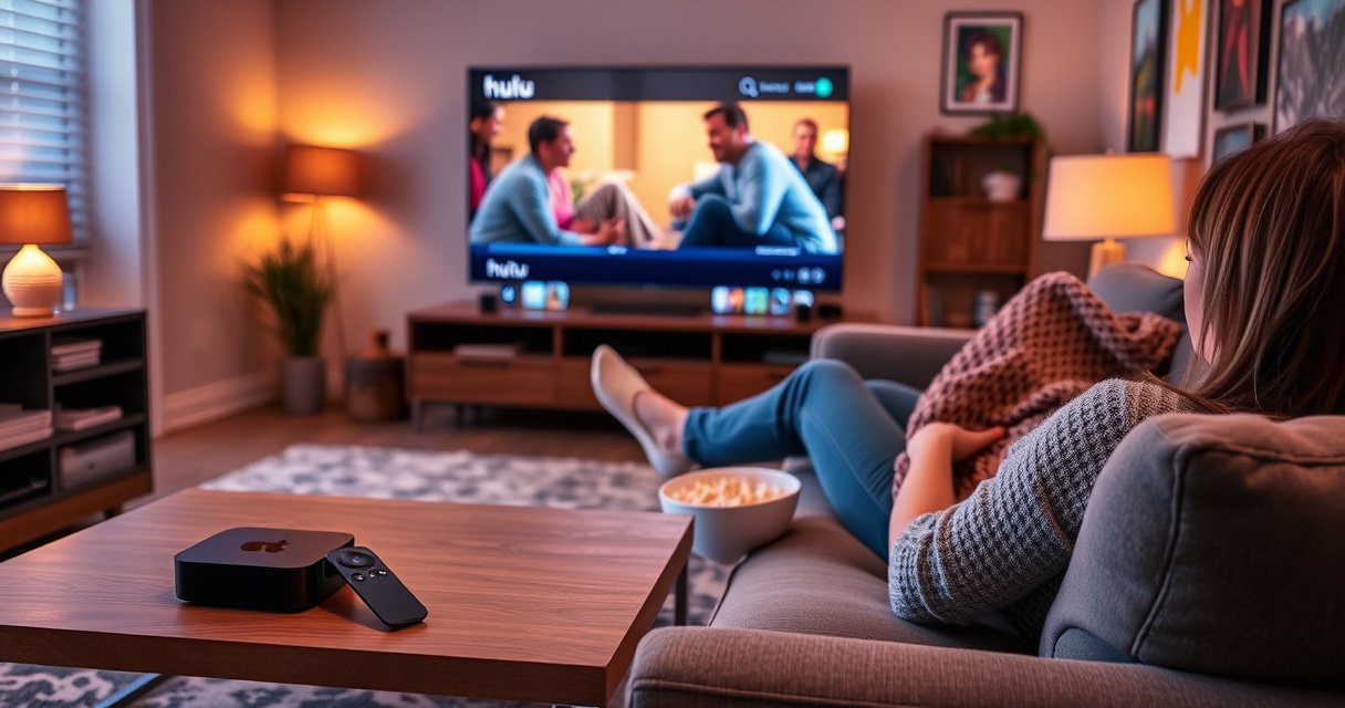 A cozy living room scene featuring a stylish Apple TV setup with a sleek remote on a coffee table, a person lounging on a plush sofa, engrossed in a vibrant Hulu show on a large screen, popcorn bowl beside them, warm lighting creating an inviting atmosphere, and colorful artwork on the walls.