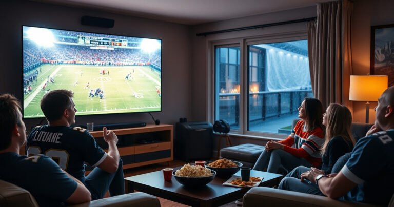 A cozy living room scene with a large, glowing TV showing a thrilling football game, surrounded by excited friends wearing jerseys, snacks like popcorn and nachos on the coffee table, dim lights creating a warm atmosphere, while a window showcases a rainy night outside, emphasizing the perfect indoor setting for watching Monday Night Football.