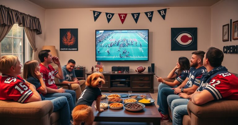 A vibrant living room scene with a large flat-screen TV showing an intense NFL game, surrounded by excited fans wearing team jerseys, snacks scattered across a coffee table, and a cozy atmosphere enhanced by team banners and football memorabilia. A playful dog in a jersey adds a touch of warmth and fun to the scene.