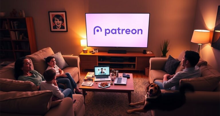 A cozy living room with a large flat-screen TV displaying the Patreon logo, surrounded by plush sofas and a coffee table cluttered with snacks and a laptop. Warm ambient lighting creates an inviting atmosphere. A family happily gathers, ready to enjoy streaming content, with a playful pet lounging nearby, adding to the relaxed vibe.