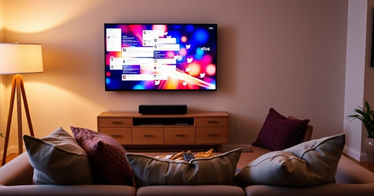 A cozy living room with a large flat-screen TV displaying a vibrant Twitter feed, colorful tweets and images swirling across the screen. A comfortable couch adorned with throw pillows sits in front, with a coffee table holding snacks and a remote. Warm light from a nearby lamp casts a welcoming glow, inviting viewers to engage with social media.