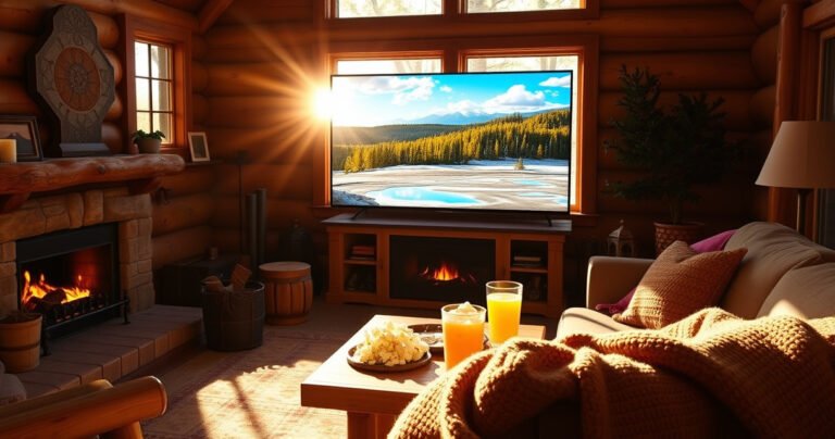 A cozy living room with a large flat-screen TV displaying a vibrant scene from Yellowstone, surrounded by rustic wooden furniture, a crackling fireplace, and a plush blanket draped over a comfy sofa. Sunlight streams through large windows, highlighting a coffee table with popcorn and drinks, evoking a warm, inviting atmosphere for binge-watching.