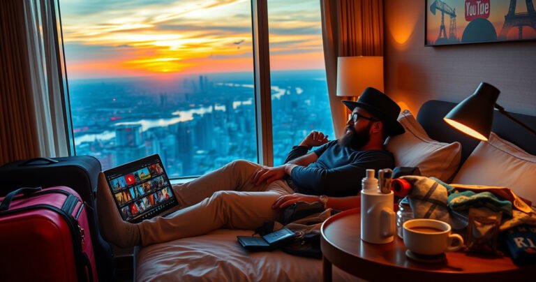 A vibrant traveler lounging in a cozy hotel room, surrounded by luggage and a laptop displaying colorful YouTube TV thumbnails. Outside the window, a scenic sunset over a bustling city skyline. The room is adorned with travel souvenirs, and a steaming cup of coffee rests on a side table, embodying comfort while on the go.