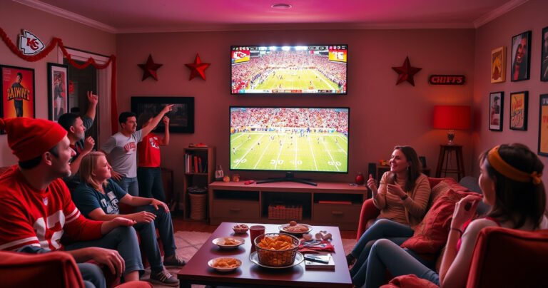 A cozy living room filled with excited fans, a large flat-screen TV displaying a vibrant Kansas City Chiefs game. Red and gold decorations adorn the walls, snacks scattered on a coffee table, and friends sharing laughs, all illuminated by the warm glow of the screen, creating an atmosphere of camaraderie and thrill.