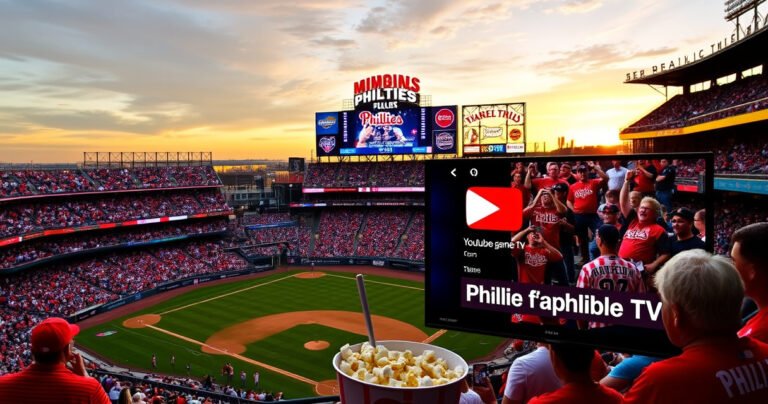 A vibrant baseball stadium filled with enthusiastic fans, wearing red and white Phillies gear, a giant scoreboard displaying the game score, a sunset casting golden hues over the field, a close-up of a popcorn bucket and a cold drink, with a TV screen in the foreground showcasing the Phillies game streaming on YouTube TV.