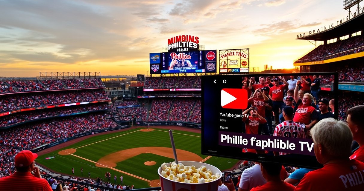A vibrant baseball stadium filled with enthusiastic fans, wearing red and white Phillies gear, a giant scoreboard displaying the game score, a sunset casting golden hues over the field, a close-up of a popcorn bucket and a cold drink, with a TV screen in the foreground showcasing the Phillies game streaming on YouTube TV.