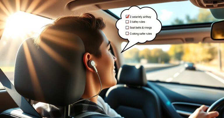 A modern car interior with a focus on a driver wearing sleek, wireless earbuds, glancing at a vibrant road ahead. Sunlight streams through the windshield, illuminating safety features like seat belts and airbags. A thought bubble above the driver illustrates a checklist of safety rules, blending technology and awareness in a dynamic driving scene.
