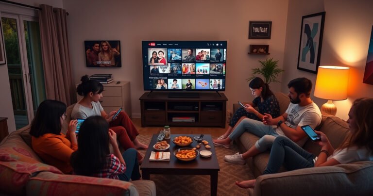 A cozy living room filled with diverse family members, each engaging with their devices, streaming YouTube TV on a large screen. Colorful cushions, snacks on a coffee table, and a warm glow from a nearby lamp create a welcoming atmosphere. A digital display shows various shows and movies, symbolizing connection and shared entertainment among multiple households.