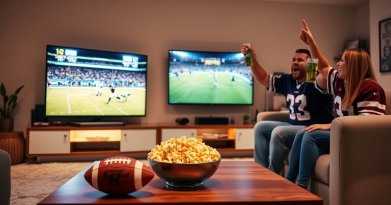 A cozy living room scene with a large flat-screen TV displaying an NFL game, a bowl of popcorn on a coffee table, a football resting on the floor, and soft lighting creating an inviting atmosphere, while a couple of friends cheer excitedly, wearing jerseys and holding drinks, showcasing the excitement of watching football at home.
