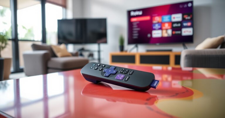 A sleek Roku remote resting on a vibrant, modern living room coffee table, surrounded by various TV brands like Samsung, LG, and Sony in the background. Soft light filters through large windows, illuminating the remote’s buttons, showcasing its ergonomic design. A cozy couch and a large screen displaying the Roku interface add a warm, inviting atmosphere.