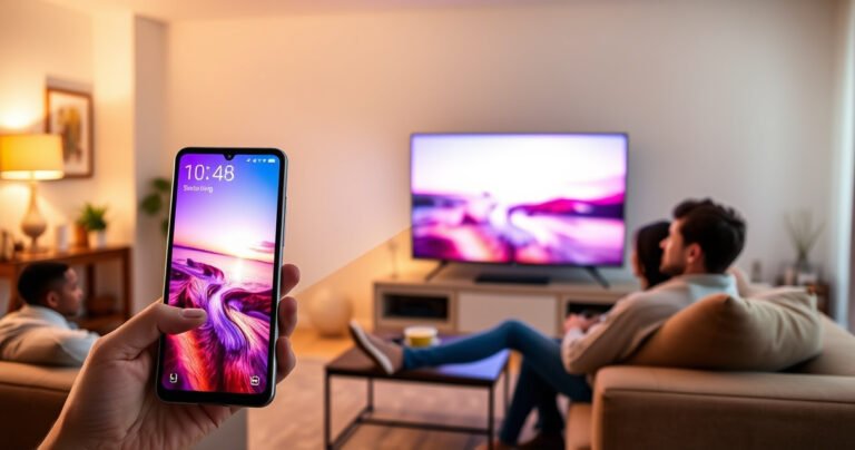 A cozy living room with a sleek Samsung A12 smartphone displaying a vibrant screen, casting vivid images to a large, modern flat-screen TV. A couple sits on a plush sofa, engaged and smiling, surrounded by warm lighting and a few snacks on a coffee table, depicting the ease of connecting devices for entertainment.