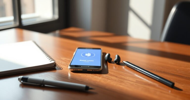 A sleek pair of Samsung earbuds resting on a polished wooden table, with an iPhone displaying a vibrant Bluetooth connection screen nearby. Soft morning light filters through a window, casting gentle shadows, as a minimalist notebook and a stylish pen lie beside them, hinting at a tech-savvy lifestyle.