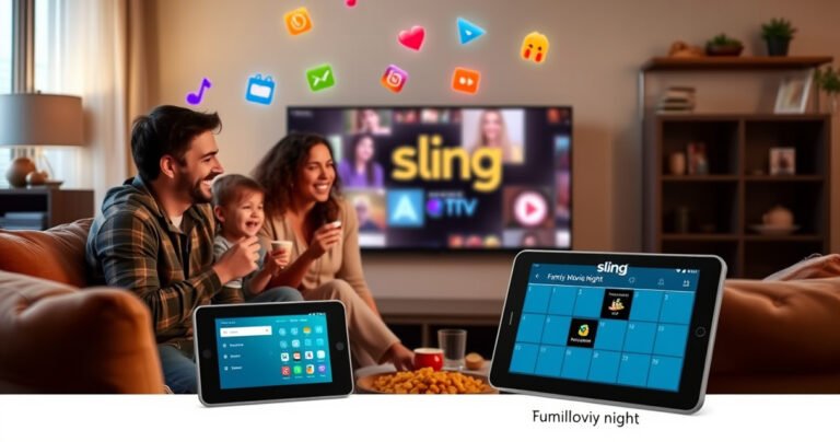 A cozy living room scene with a family gathered around a large TV, sharing snacks and laughter, colorful streaming icons floating around them, a warm glow from the screen illuminating their happy faces, a digital device nearby showcasing Sling TV’s interface, with a calendar marked for family movie night, emphasizing connectivity and shared entertainment experiences.