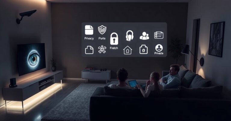 A sleek, modern living room with a glowing smart TV displaying a watchful eye. Shadows loom in the corners, hinting at hidden cameras. A family sits on the couch, absorbed in their devices, while a digital overlay of privacy icons floats above, highlighting concerns. The atmosphere is tense, blending comfort with unease about surveillance.