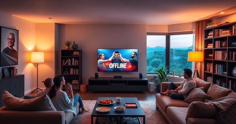A cozy living room featuring a sleek smart TV displaying vibrant offline content, soft ambient lighting casting warm hues, a family gathered on a plush sofa, snacks on a coffee table, a bookshelf filled with tech gadgets, and a large window revealing a serene outdoor view, all conveying a sense of comfort and connectivity without the internet.