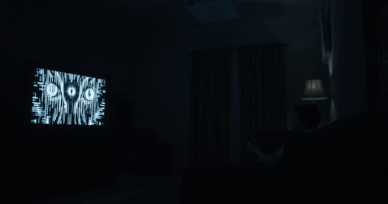 A dimly lit living room with a glowing television screen displaying distorted static. Shadows loom ominously, hinting at unseen eyes peering through the screen. A figure sits on the couch, nervously clutching a remote, while a flickering light casts eerie patterns on the walls, creating an atmosphere of paranoia and mystery.