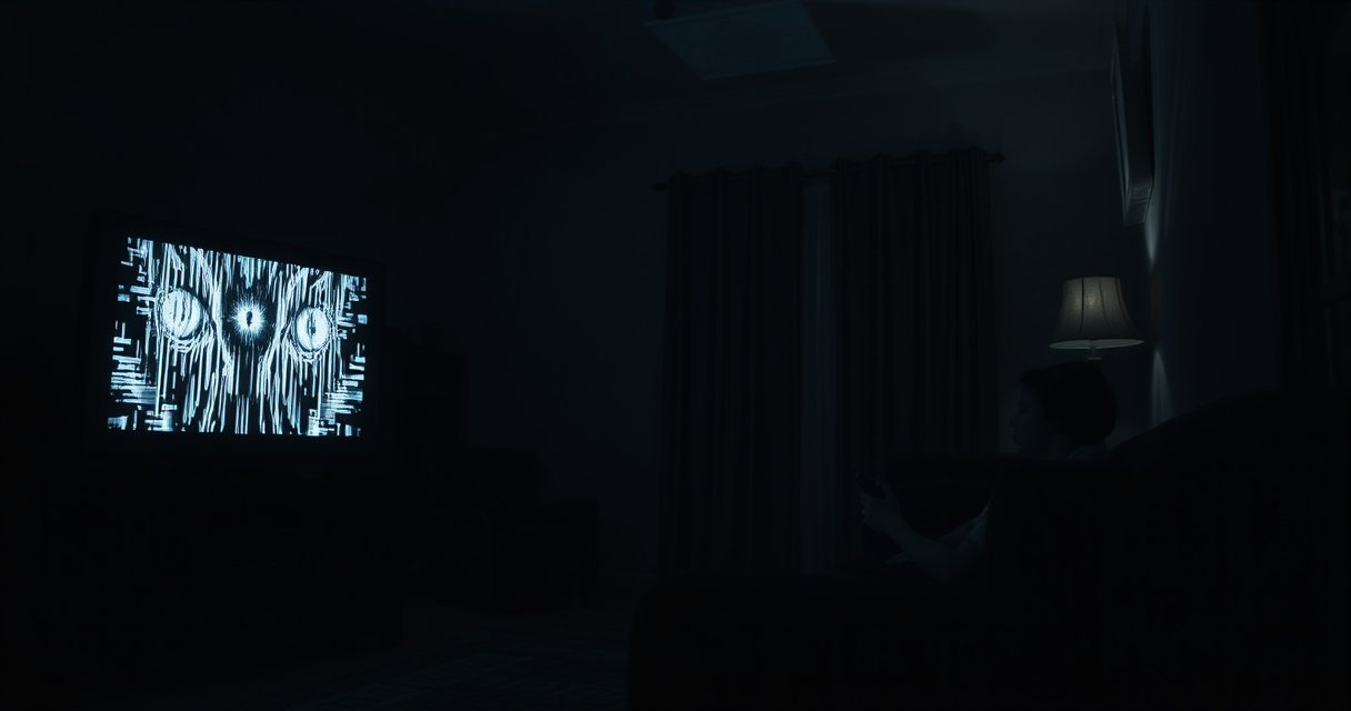 A dimly lit living room with a glowing television screen displaying distorted static. Shadows loom ominously, hinting at unseen eyes peering through the screen. A figure sits on the couch, nervously clutching a remote, while a flickering light casts eerie patterns on the walls, creating an atmosphere of paranoia and mystery.