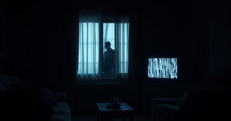 A dimly lit living room with a flickering television displaying static, casting eerie shadows. A silhouette of a figure stands just outside the window, watching intently. The furniture is cozy but feels unsettling, with curtains slightly drawn and a faint glow from the screen illuminating the room's tension, suggesting a hidden presence.