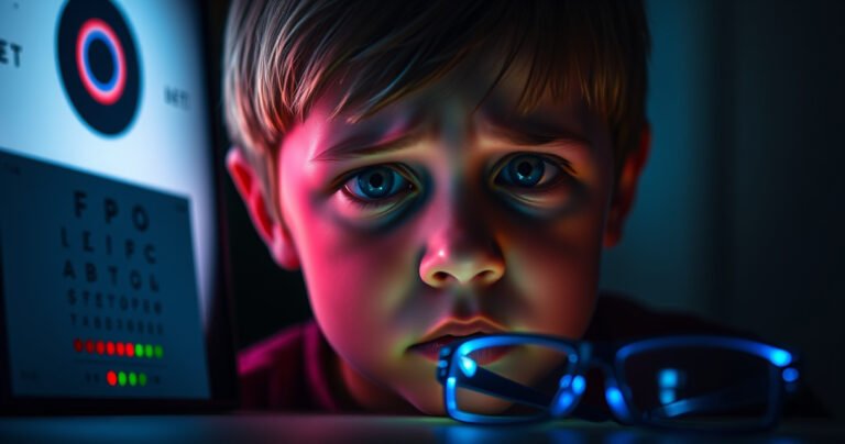 A close-up of a worried child's eyes illuminated by the glow of a TV screen, surrounded by a dark room. Wisps of colorful light dance across their face, while an eye chart and blue light glasses rest nearby. The atmosphere is tense, conveying a mix of fascination and concern for eye health.