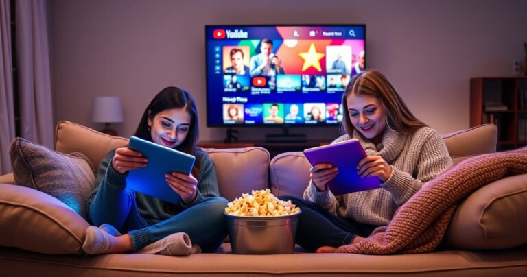 A cozy living room featuring two friends on a plush sofa, each focused on their own tablet, vibrant screens illuminating their faces. A bowl of popcorn sits between them, soft cushions and warm blankets create an inviting atmosphere, while a large TV in the background displays a colorful YouTube TV interface, suggesting a fun evening of shared entertainment.