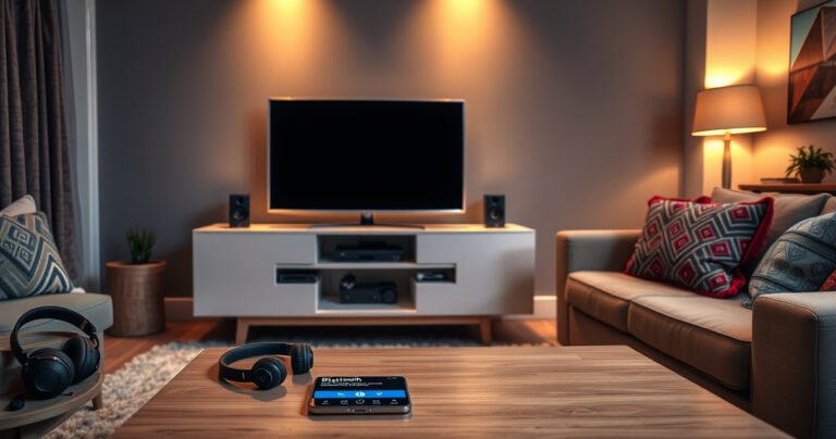 A modern living room featuring a sleek Vizio TV on a stylish media console, Bluetooth devices like headphones and speakers scattered nearby, a cozy sofa adorned with colorful pillows, warm ambient lighting, and a coffee table with a smartphone showing a Bluetooth connection screen, creating an inviting atmosphere for tech-savvy viewers.